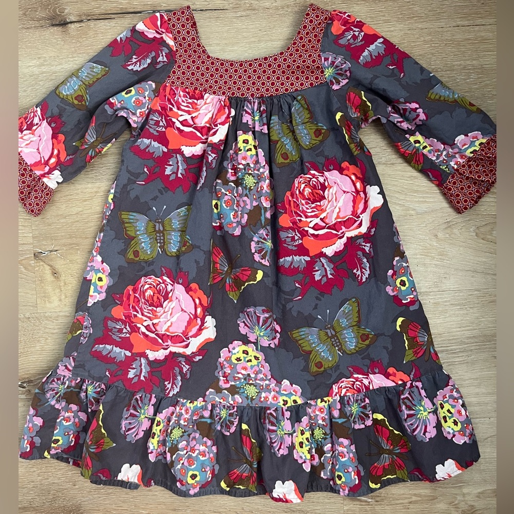 Girls size 7 Blue Juniper Ruffle boho prairie modern floral dress. Colorful!